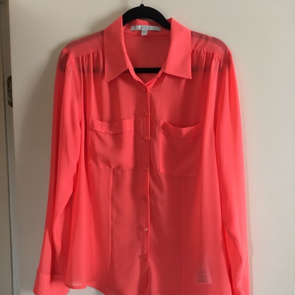 GUESS Sheer Long Sleeve Blouse in Coral